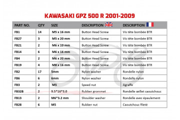 Spezifischer Schraubensatz AVDB für Verkleidungen KAWASAKI GPZ 500 / NINJA 500 1987 - 2009 Spezifischer Schraubensatz AVDB für Verkleidungen KAWASAKI GPZ 500 / NINJA 500 1987 - 2009