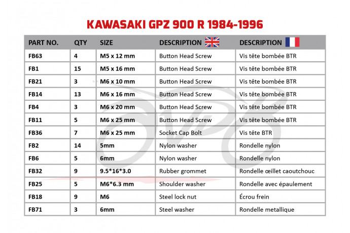AVDB Specific Hardware / Complete Bolts & Screws Fairing Kit for KAWASAKI GPZ 900 1984 - 2003 AVDB Specific Hardware / Complete Bolts & Screws Fairing Kit for KAWASAKI GPZ 900 1984 - 2003