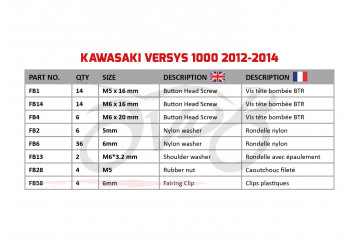 Kit de visserie AVDB spécifique pour carénages KAWASAKI VERSYS 1000 2012 - 2014 Kit de visserie AVDB spécifique pour carénages KAWASAKI VERSYS 1000 2012 - 2014