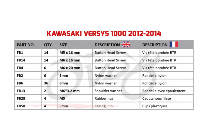AVDB complementary Hardware / Bolts & Screws Kit for Fairing KAWASAKI VERSYS 1000 2012 - 2014 AVDB complementary Hardware / Bolts & Screws Kit for Fairing KAWASAKI VERSYS 1000 2012 - 2014