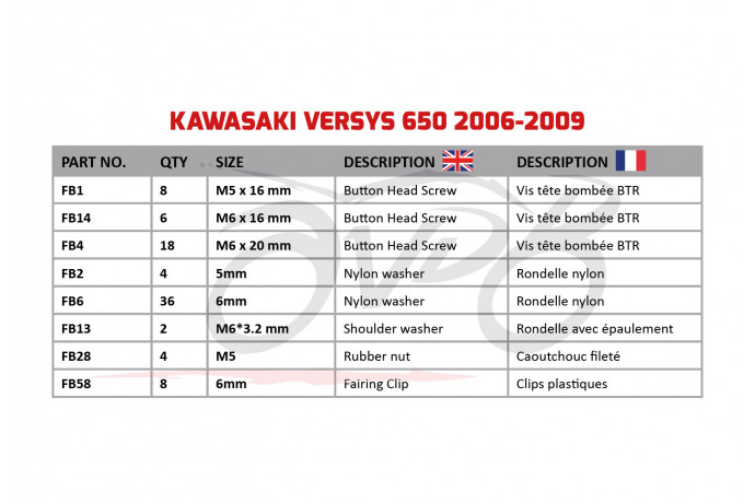 AVDB Specific Hardware / Complete Bolts & Screws Fairing Kit for KAWASAKI VERSYS 650 2006 - 2009 AVDB Specific Hardware / Complete Bolts & Screws Fairing Kit for KAWASAKI VERSYS 650 2006 - 2009