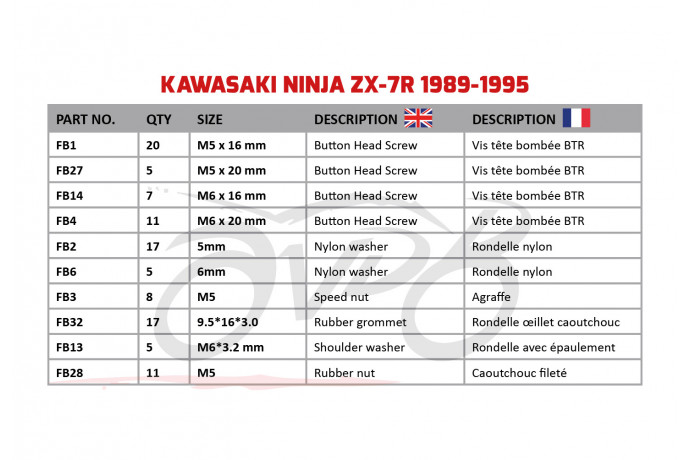 AVDB complementary Hardware / Bolts & Screws Kit for Fairing KAWASAKI ZXR750 / ZX7R 1989 - 1995 AVDB complementary Hardware / Bolts & Screws Kit for Fairing KAWASAKI ZXR750 / ZX7R 1989 - 1995