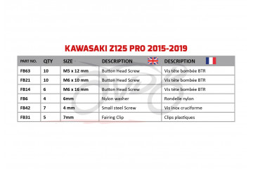 Kit de visserie AVDB spécifique pour carénages KAWASAKI Z125 PRO 2015 - 2024 Kit de visserie AVDB spécifique pour carénages KAWASAKI Z125 PRO 2015 - 2024