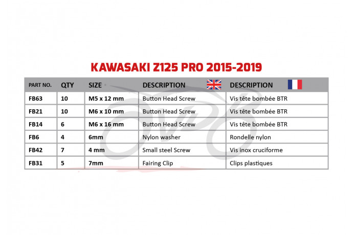 Kit de visserie AVDB spécifique pour carénages KAWASAKI Z125 PRO 2015 - 2024 Kit de visserie AVDB spécifique pour carénages KAWASAKI Z125 PRO 2015 - 2024