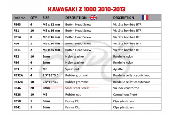 Kit de visserie AVDB spécifique pour carénages KAWASAKI Z1000 2010 - 2013 Kit de visserie AVDB spécifique pour carénages KAWASAKI Z1000 2010 - 2013