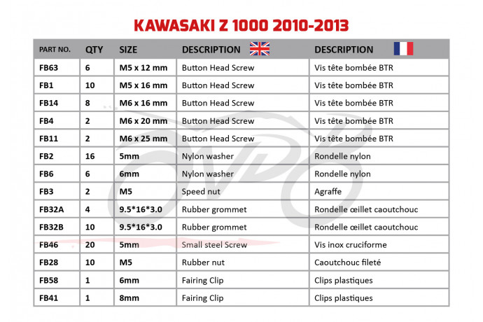 Kit de visserie AVDB spécifique pour carénages KAWASAKI Z1000 2010 - 2013 Kit de visserie AVDB spécifique pour carénages KAWASAKI Z1000 2010 - 2013