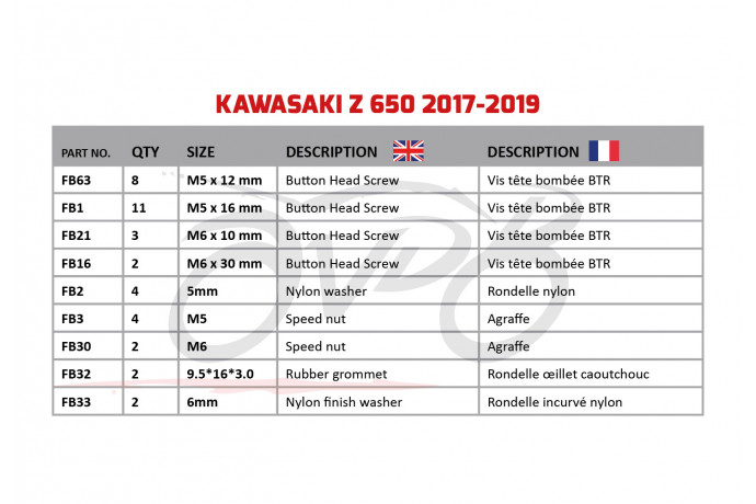 Kit de tornillos AVDB complementario para carenados KAWASAKI Z650 2017 - 2024 Kit de tornillos AVDB complementario para carenados KAWASAKI Z650 2017 - 2024