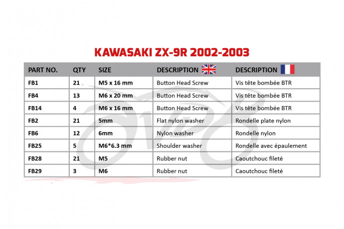 AVDB complementary Hardware / Bolts & Screws Kit for Fairing KAWASAKI ZX9R 2000 - 2003 AVDB complementary Hardware / Bolts & Screws Kit for Fairing KAWASAKI ZX9R 2000 - 2003