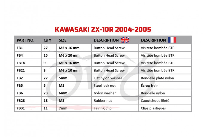 Kit de visserie AVDB spécifique pour carénages KAWASAKI ZX10R 2004 - 2005