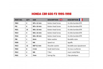 Kit de visserie AVDB spécifique pour carénages HONDA CBR 600 F3 1995 - 1998 Kit de visserie AVDB spécifique pour carénages HONDA CBR 600 F3 1995 - 1998