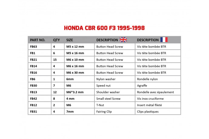 Kit de visserie AVDB spécifique pour carénages HONDA CBR 600 F3 1995 - 1998 Kit de visserie AVDB spécifique pour carénages HONDA CBR 600 F3 1995 - 1998