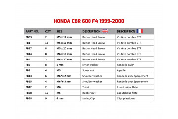 Kit de tornillos AVDB especifico para carenados HONDA CBR 600 F4 1999 - 2000 Kit de tornillos AVDB especifico para carenados HONDA CBR 600 F4 1999 - 2000