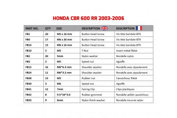 Kit de visserie AVDB spécifique pour carénages HONDA CBR 600 RR 2003 - 2006 Kit de visserie AVDB spécifique pour carénages HONDA CBR 600 RR 2003 - 2006