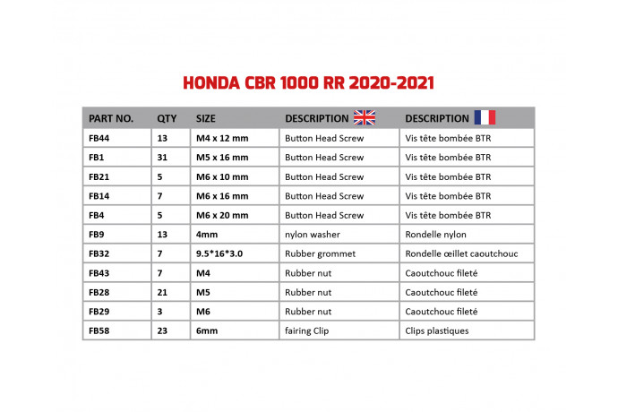 Kit de tornillos AVDB especifico para carenados HONDA CBR 1000 RR R / SP 2020 - 2024 Kit de tornillos AVDB especifico para carenados HONDA CBR 1000 RR R / SP 2020 - 2024