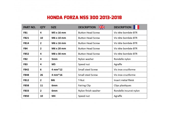 Spezifischer Schraubensatz AVDB für Verkleidungen HONDA FORZA 125 / 300 2013 - 2021 Spezifischer Schraubensatz AVDB für Verkleidungen HONDA FORZA 125 / 300 2013 - 2021