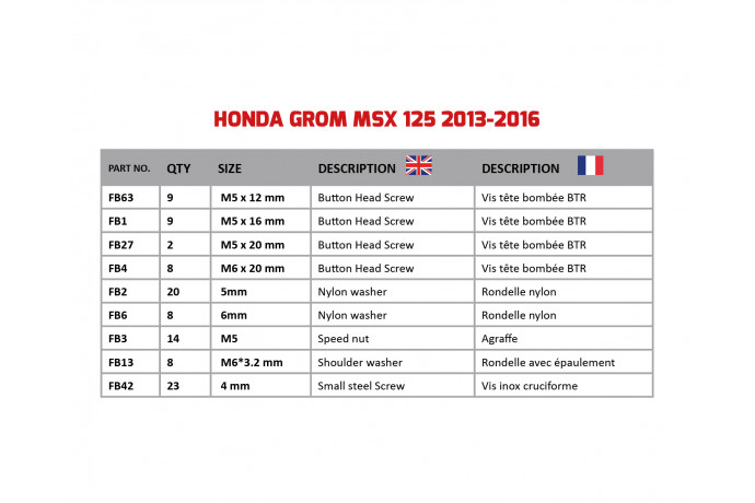 Spezifischer Schraubensatz AVDB für Verkleidungen HONDA MSX 125 GROM 2013 - 2015