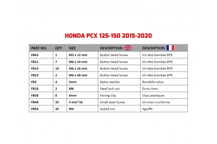 Spezifischer Schraubensatz AVDB für Verkleidungen HONDA PCX 125 / 150 2015 - 2020 Spezifischer Schraubensatz AVDB für Verkleidungen HONDA PCX 125 / 150 2015 - 2020