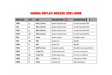 Kit de visserie AVDB spécifique pour carénages HONDA FORZA 250 2001 - 2008 Kit de visserie AVDB spécifique pour carénages HONDA FORZA 250 2001 - 2008