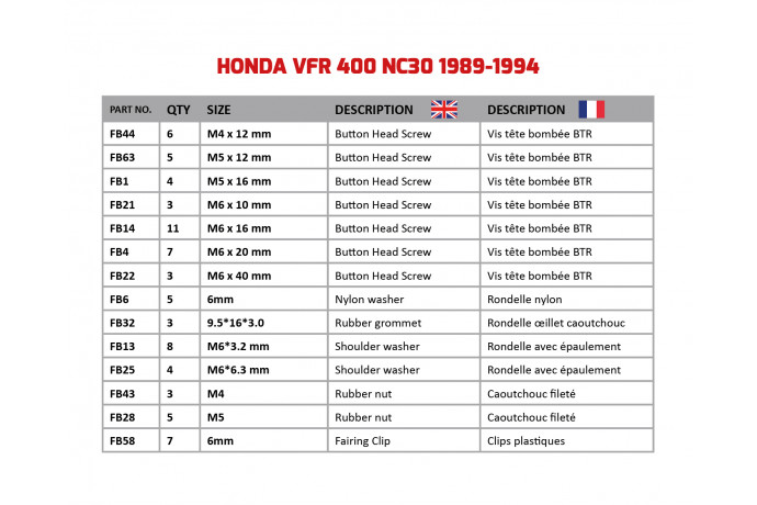 Kit viti AVDB specifico per Carena HONDA VFR 400 NC30 1989 - 1994 Kit viti AVDB specifico per Carena HONDA VFR 400 NC30 1989 - 1994