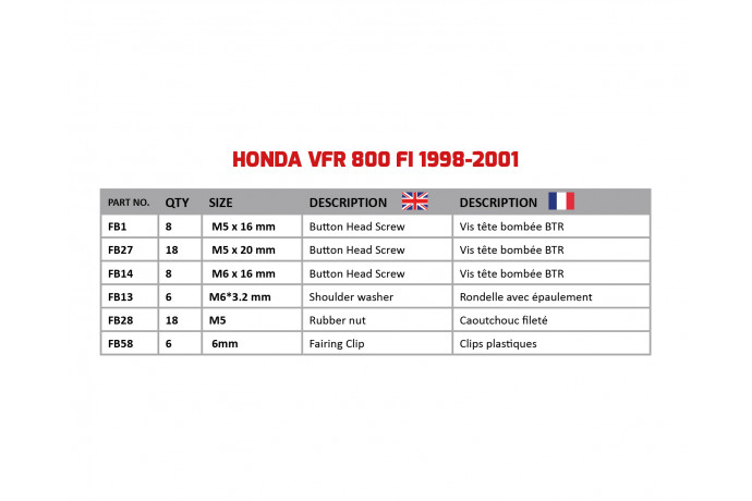 AVDB Specific Hardware / Complete Bolts & Screws Fairing Kit for HONDA VFR 800 Fi 1998 - 2001 AVDB Specific Hardware / Complete Bolts & Screws Fairing Kit for HONDA VFR 800 Fi 1998 - 2001