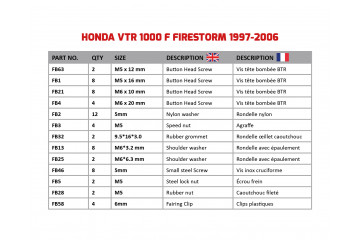 Kit de visserie AVDB spécifique pour carénages HONDA VTR 1000 F 1997 - 2006 Kit de visserie AVDB spécifique pour carénages HONDA VTR 1000 F 1997 - 2006