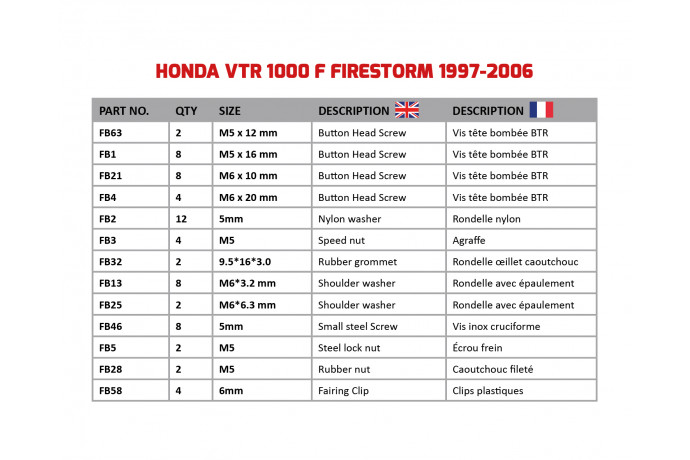 Kit de visserie AVDB spécifique pour carénages HONDA VTR 1000 F 1997 - 2006 Kit de visserie AVDB spécifique pour carénages HONDA VTR 1000 F 1997 - 2006
