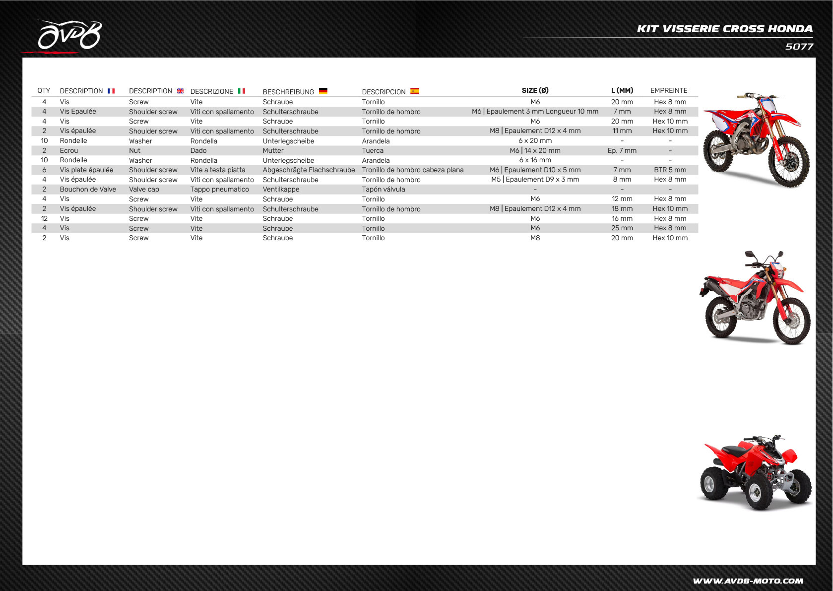 Kit Intermédiaire visserie ATV / Cross / Enduro / Trial HONDA Kit Intermédiaire visserie ATV / Cross / Enduro / Trial HONDA
