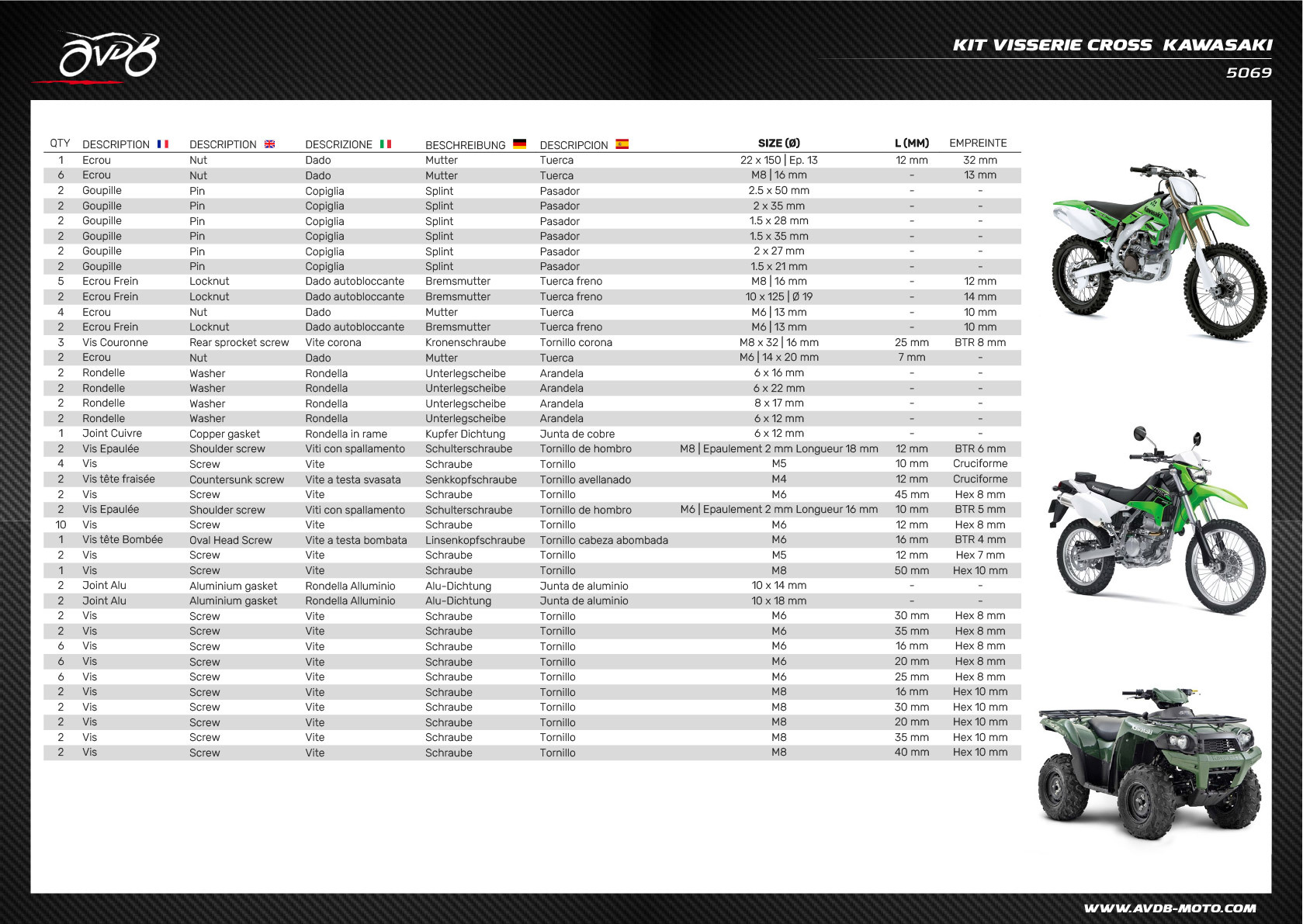 Kit Intermedio tornillería ATV / Cross / Enduro / Trial KAWASAKI Kit Intermedio tornillería ATV / Cross / Enduro / Trial KAWASAKI