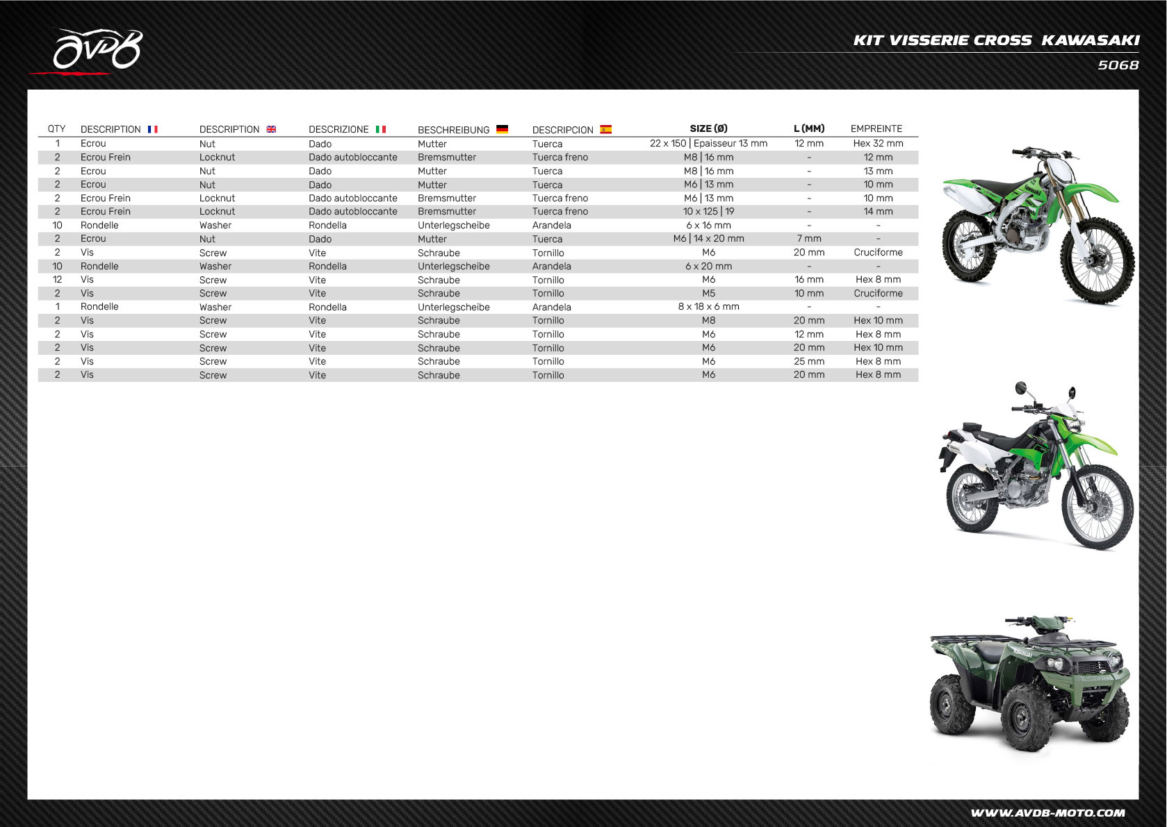 Kit dépannage visserie ATV / Cross / Enduro / Trial KAWASAKI Kit dépannage visserie ATV / Cross / Enduro / Trial KAWASAKI
