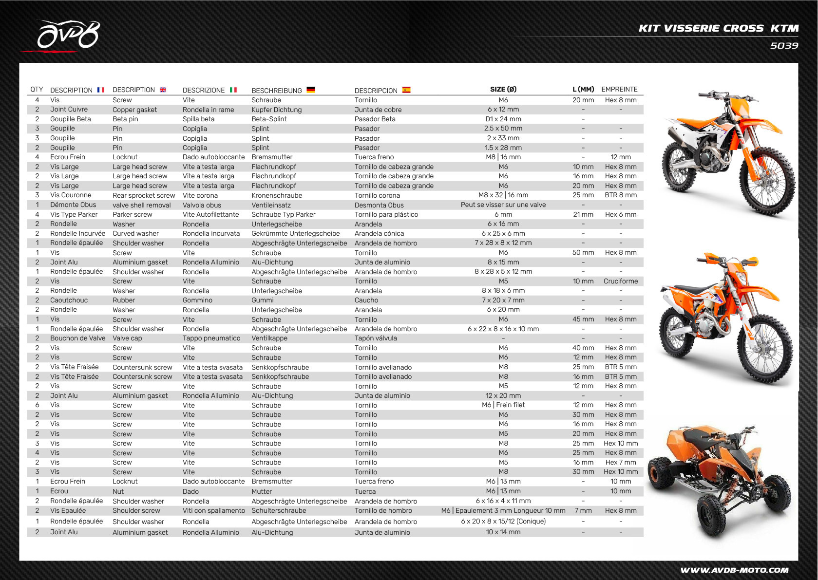 Intermediär Schraubensatz ATV / Cross / Enduro / Trial KTM