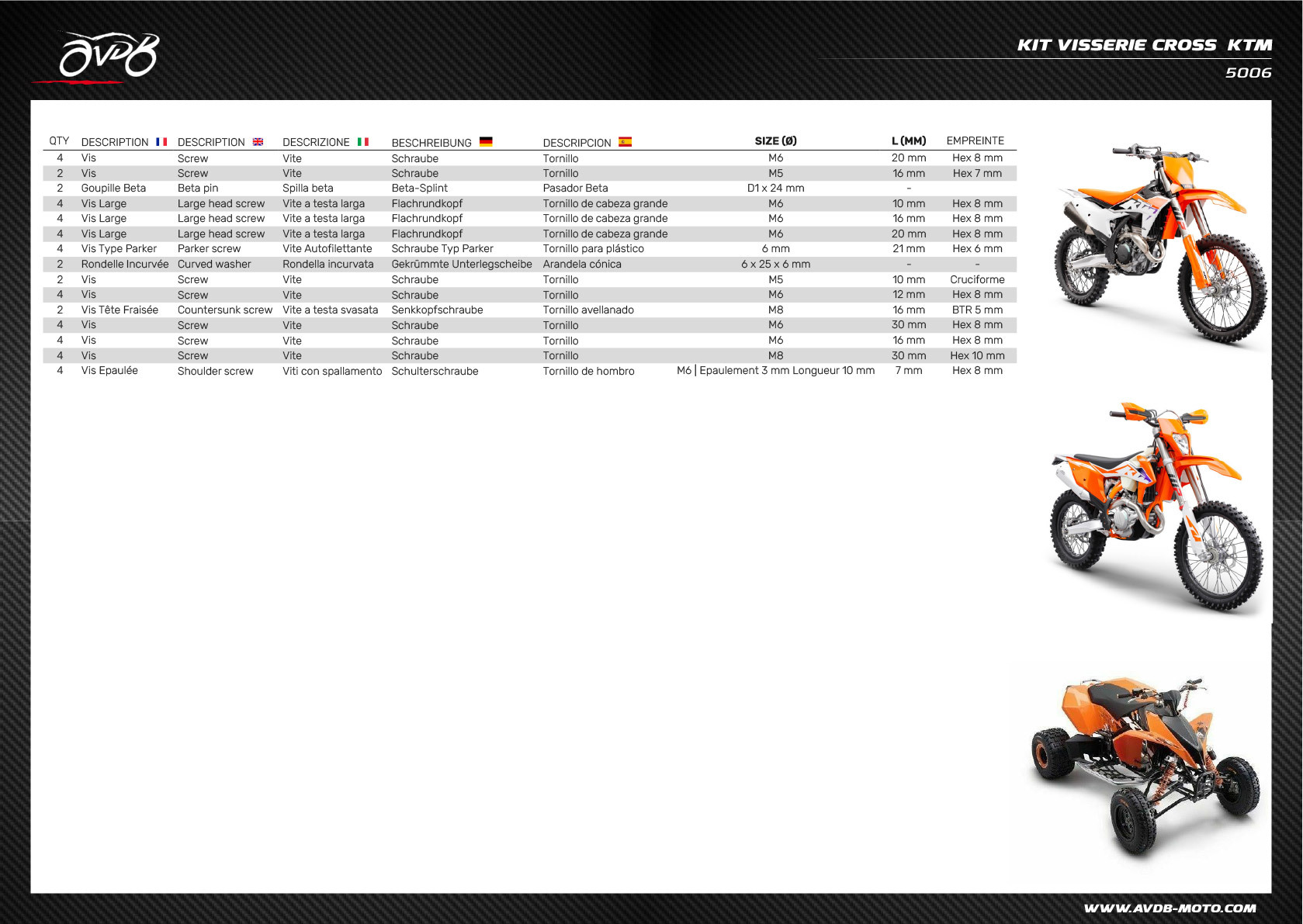 Kit riparazione viteria ATV / Cross / Enduro / Trial KTM Kit riparazione viteria ATV / Cross / Enduro / Trial KTM