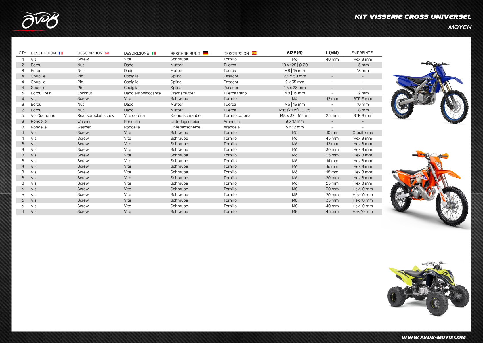 Kit Intermedio tornillería ATV / Cross / Enduro / Trial Universal Kit Intermedio tornillería ATV / Cross / Enduro / Trial Universal