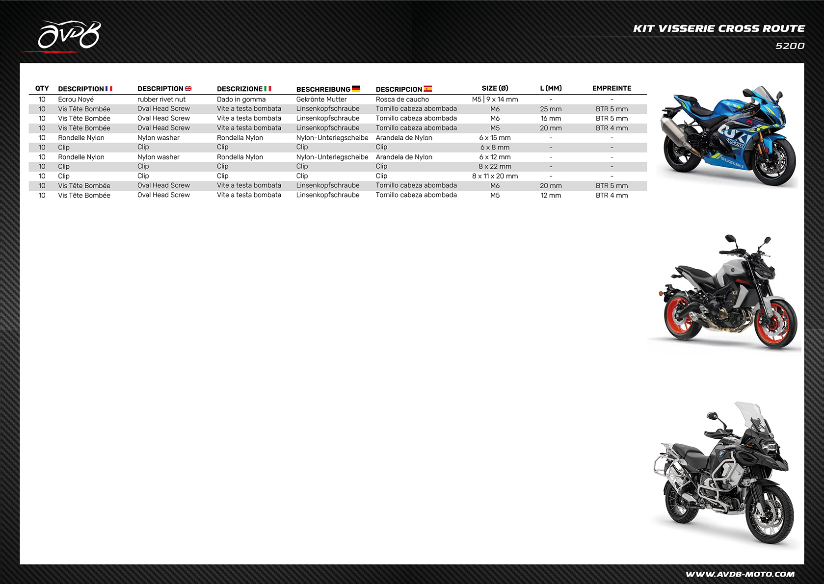 Kit Simple tornillería Carretera / Roadsters / Deportivas / Trail / Turismo Universal Kit Simple tornillería Carretera / Roadsters / Deportivas / Trail / Turismo Universal